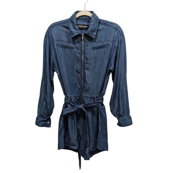 Gabrielle Union New York & Co Chambray Tab Sleeve Zip Front Tie Belt Romper, XS - Picture 1 of 15